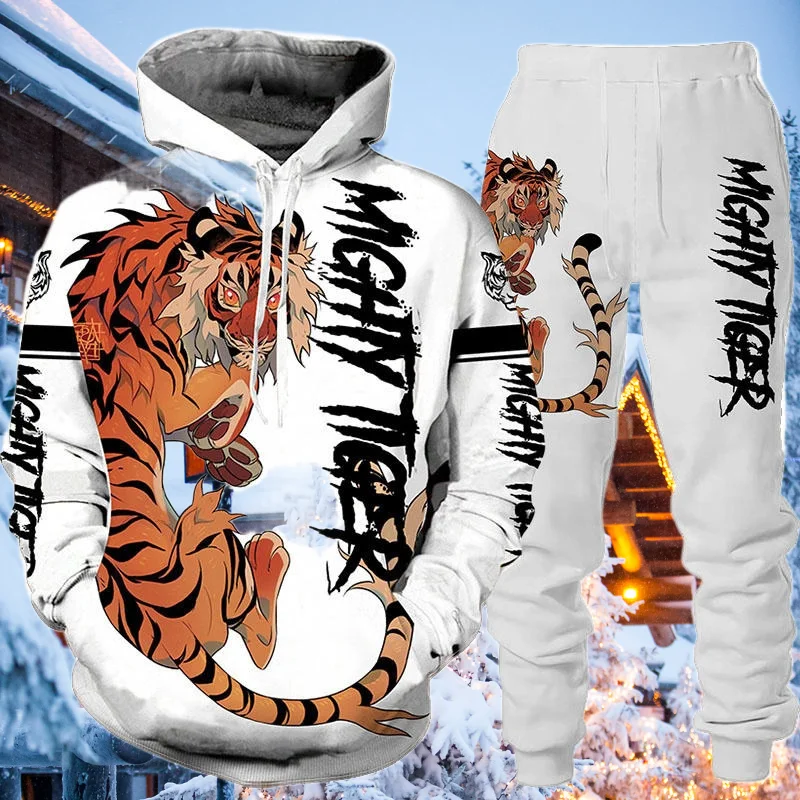 

2025/26 Новый год, последний популярный комплект с капюшоном, осенне-зимний сезон Y2K, стиль тигра, модные мужские повседневные брюки с 3D принтом для взрослых