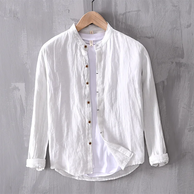 

L537 Men's Linen Casual Long Sve irt Simple Pure Color Jaet Stand Fit Youth Faion Summer 2025 No Brand