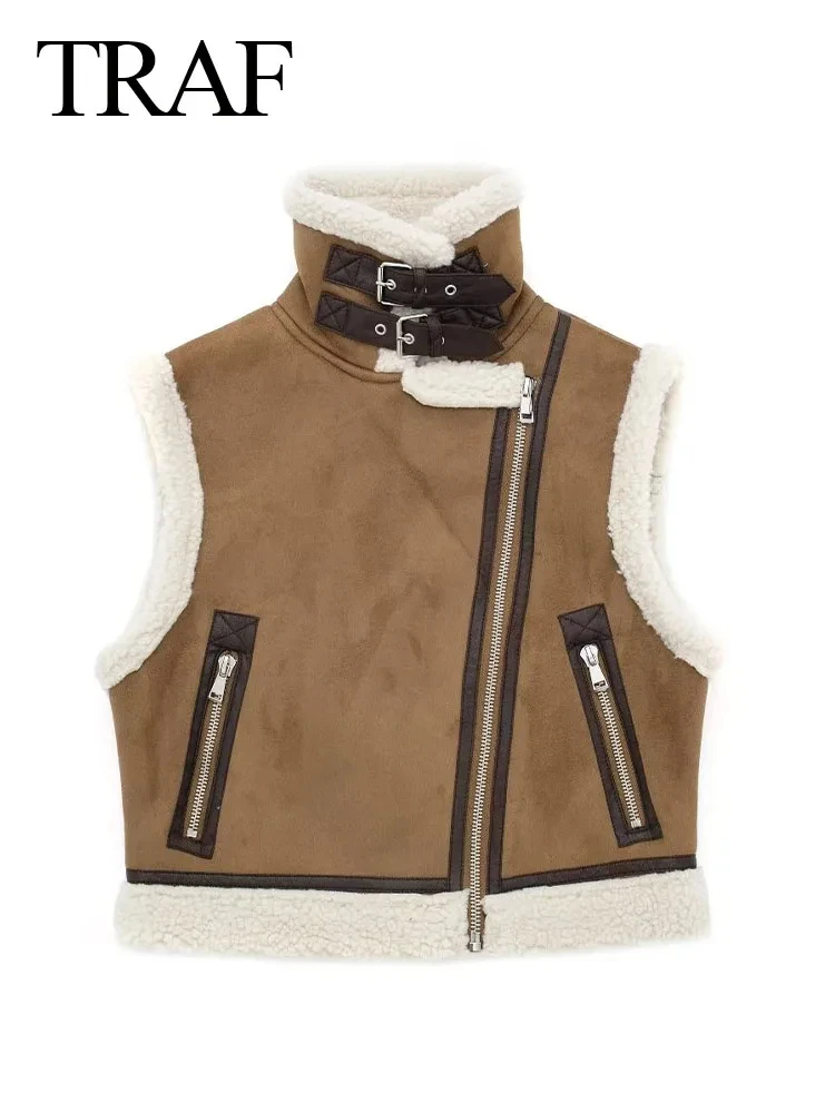 TRAFZA Women Faux Leather Lambswool Patchwork Sleeveless Vest Winter Jackets Female Fashion Thickening Warm Zip Waistcoats Coat