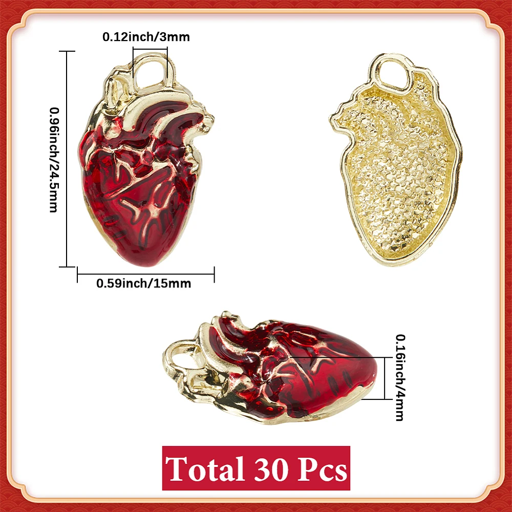 1 Box 30Pcs Human Heart Charm Anatomical Heart Charms Bulk Enamel Organ 3D Punk Gothic Pendants for Jewelry Making Findings DIY