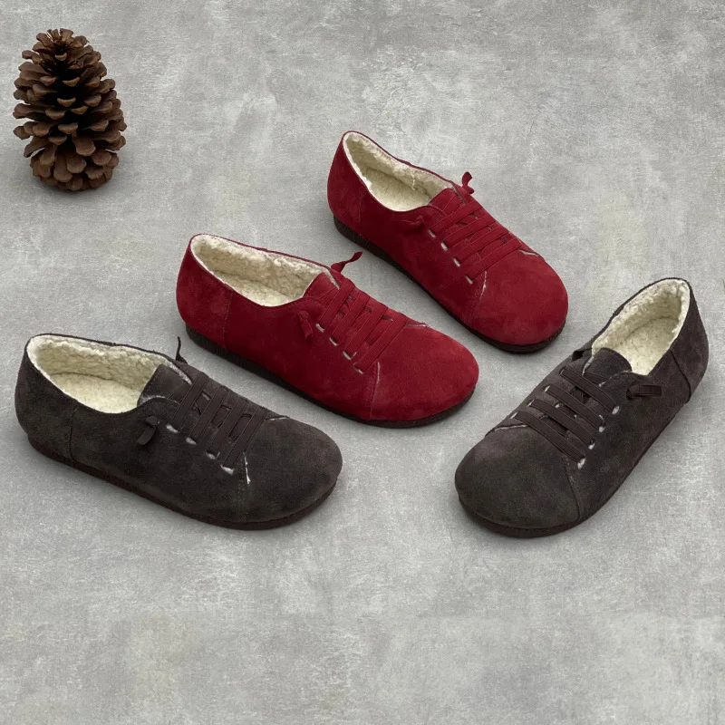 

GKTINOO Retro Plush Women's Shoes Winter 2025 New Genuine Leather Flat Bottom Casual Elastic Band Warm Cotton Shoes
