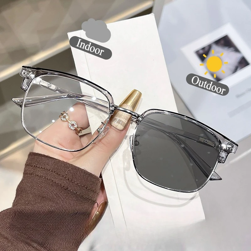 Retro Photochromic Reading Glasses for Women Men Anti Blue Light Plus Diopter Eyewear Square Smart Changing Color Sunglasses