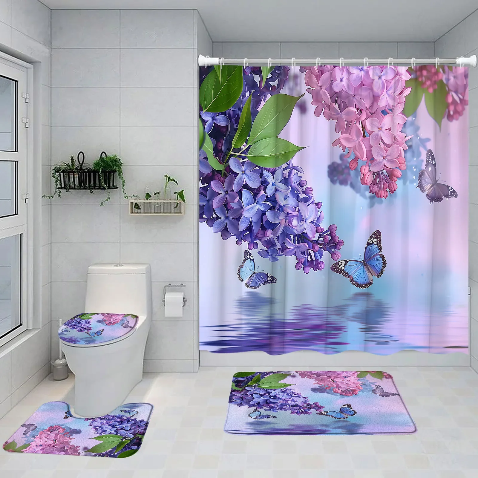 

Flowers Floral Bath Curtain Set Watercolor Flower Butterflies Plants Lavender Boho Modern Bath Mat Home Carpet Toilet Lid Cover