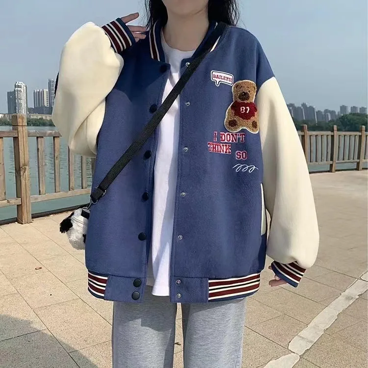 Double Screw Hot Stamping and Velvet Baseball Jacket for Women New Hong Kong Style Teddy Bear Print Coat Student Loose Jacket