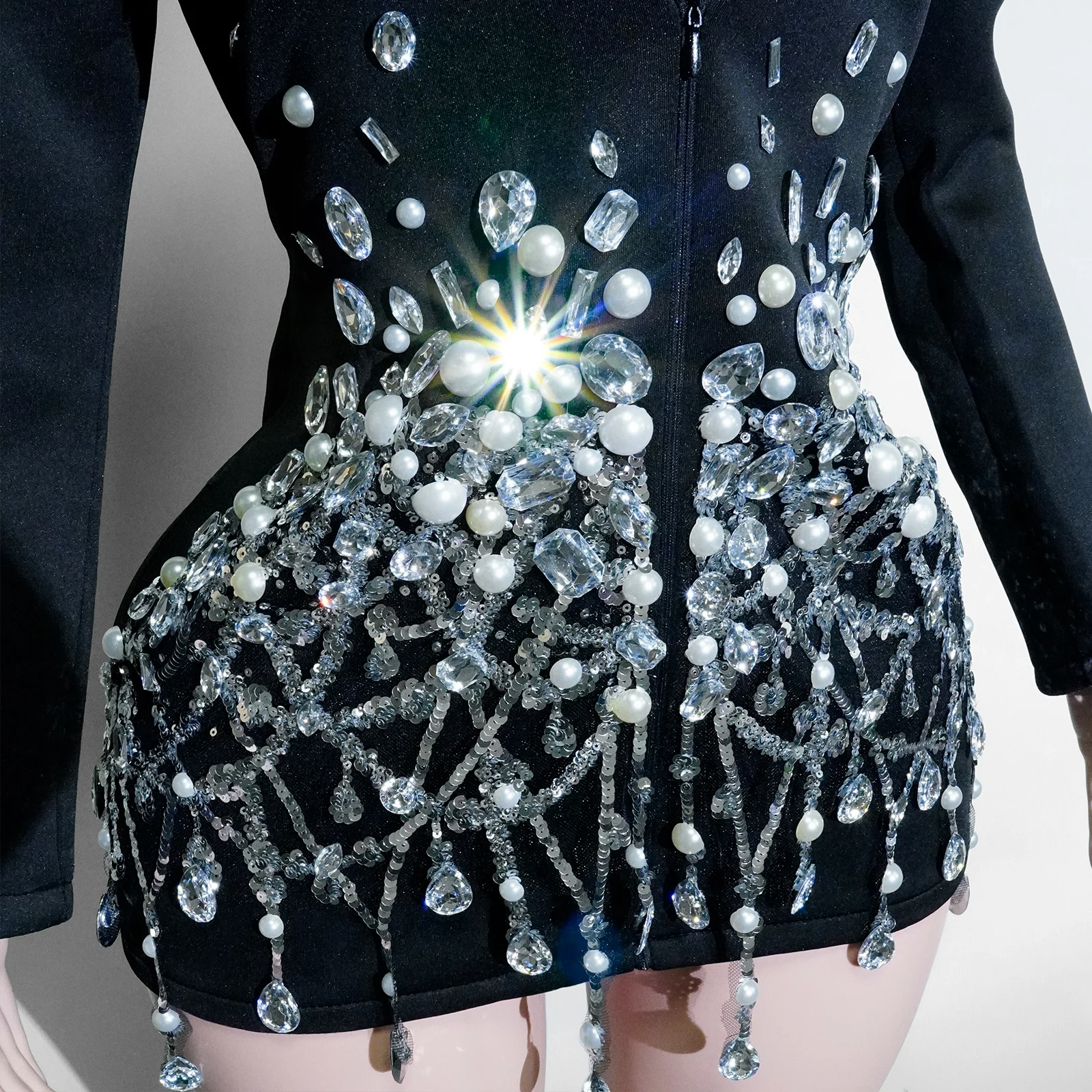 ショーガールコスチューム スパークルクリスタル フルブラックドレス 長袖 パフォーマンス ドラッグクイーン イブニングパーティー ショー衣装 ゴーゴーダンサー DJ