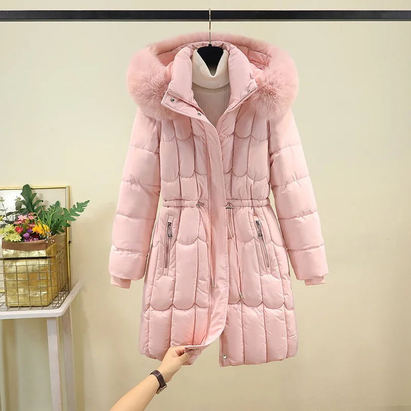

2025 Winter New Women's Thiened Fce Lined Cotton Jaet with Fur Collar Waist Cinched down Jaet Warm Cozy Padded Coat