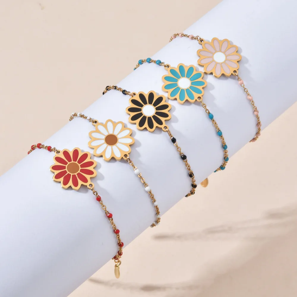 Classic Multicolor Enamel Daisy Bracelet For Women Stainless Steel Gold Color Summer Bead Flower Bracelet Boho Jewelry