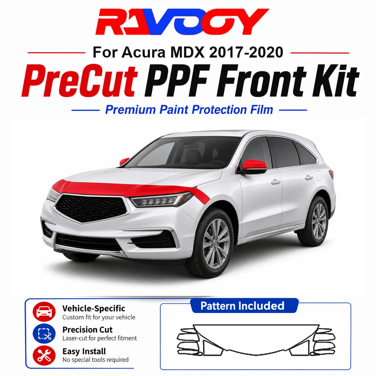 

8.5mil TPU Precut PPF Kit For Acura MDX 2017-2020 - Hood, Partial Fenders & Full Mirror Set - Self-Healing Gloss Clear Bra Film