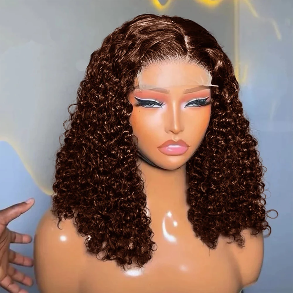 

Brown Curly Brazilian 13x4 Lace Frontal Human Hair Wigs For Women 230% Density Deep Water Wave Short Bob Remy Wig 12 16 Inches