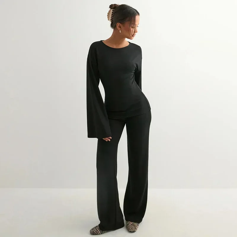 

Новый стиль, трансграничный модный и удобный женский комплект прямых брюк с длинными рукавами и круглым вырезом, осенний комплект