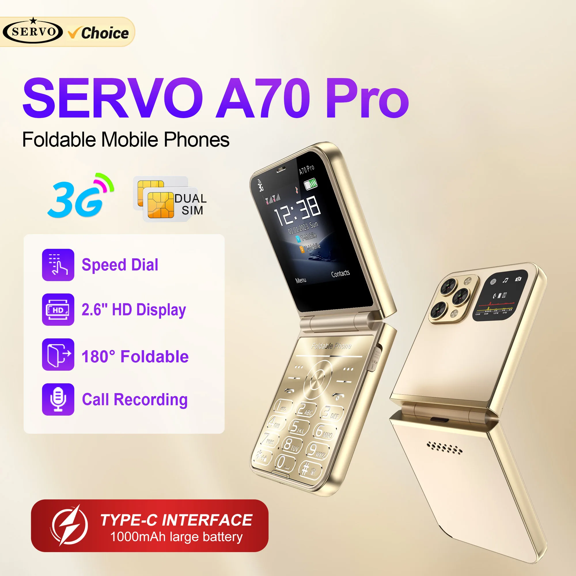 سيرفو A70 برو الوجه الهاتف المحمول 3G WCDMA المزدوج سيم الاستعداد سرعة الاتصال الهاتفي تسجيل MP3 FM مصباح يدوي طوي زر الهواتف المحمولة #1