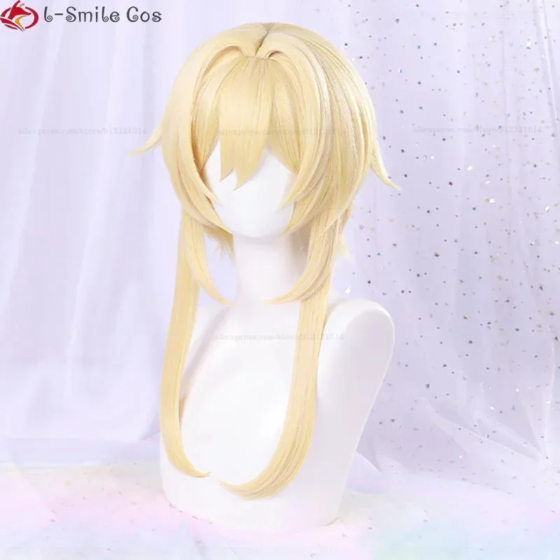 لعبة Genshin تأثير المسافر لومين شعر مستعار تأثيري شعر ذهبي طويل مع دبوس شعر زهرة مقاومة للحرارة الاصطناعية شعر مستعار للحفلات الدعائم