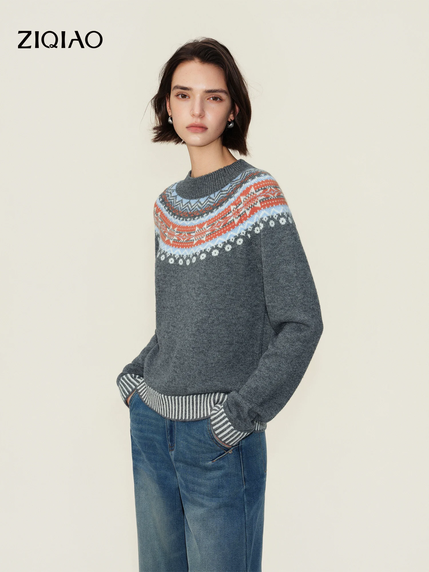 ZIQIAO Women's Vintage Color Block Fair Isle Wool Knit Sweater Raglan Sleeve Crew Neck Warm Knit Top New Arrival Winter 2026