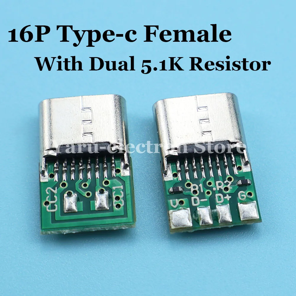With Dual 5.1K Resistors 16pin USB Electric Terminals Welding DIY Data Cable Support PCB Board USB Type C Female Connectors Jack