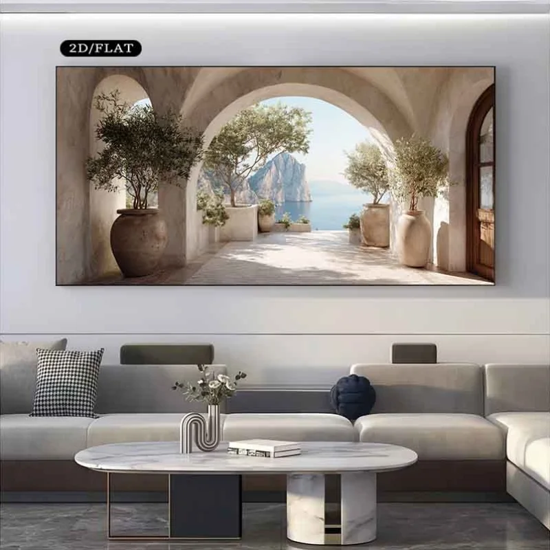 (1PC Unframe)Unframed Canvas Print, Featuring an Archway That Leads to a Serene Coastal Scene. Ideal for Decorating Living Rooms