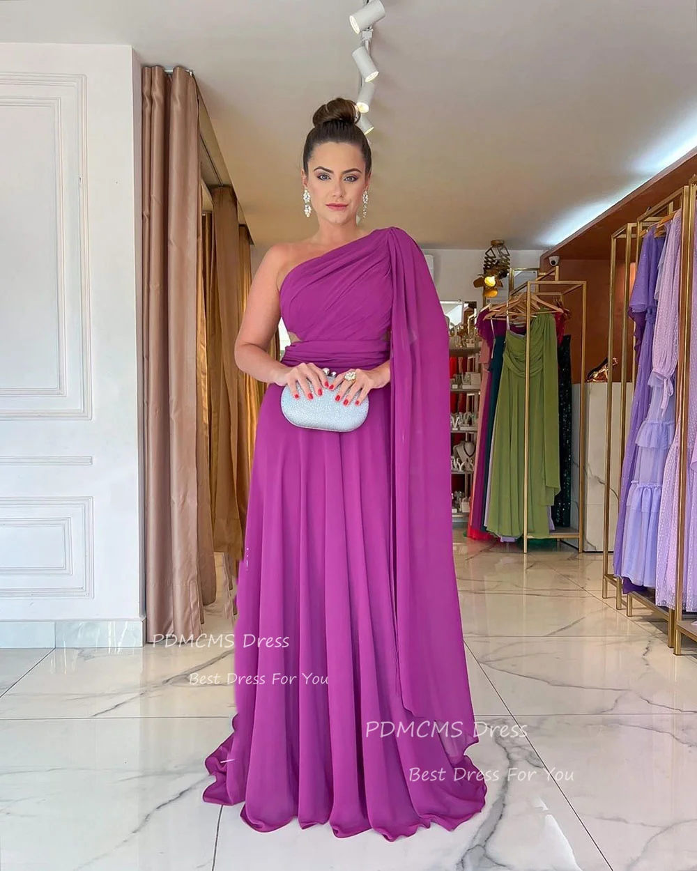 Charming Purple Chiffon Evening Dresses Formal Gowns Pleat One Shoulder Prom Dress Saudi Arabia Dubai Celebrity Gowns Vestidos