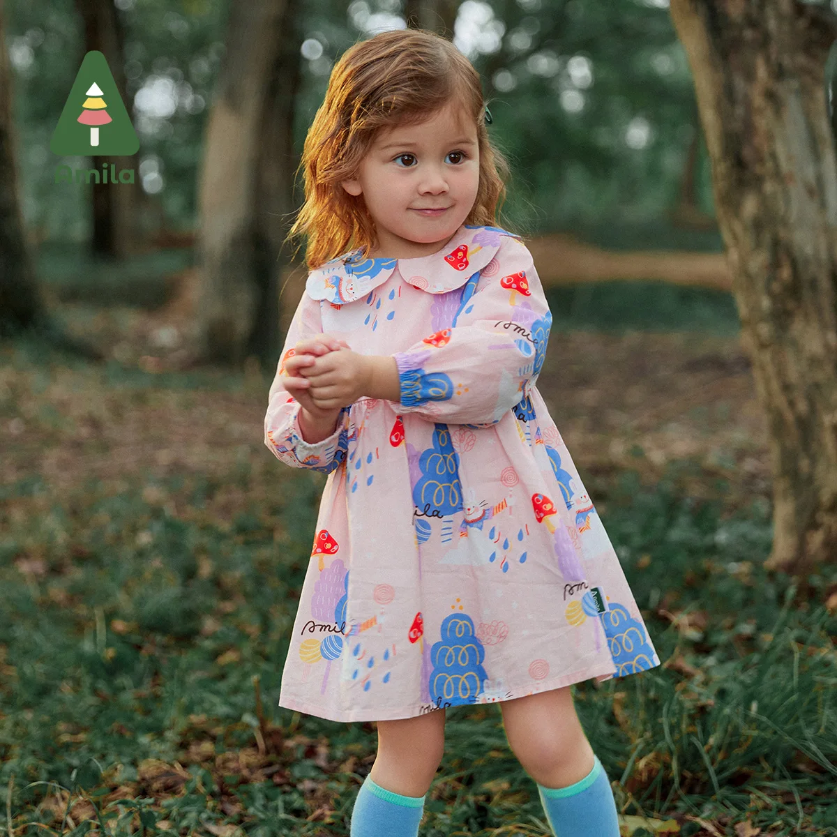 Amila Baby Girl Dress 2023 Spring New Fashion Jointly Cute Full Print Rabbits 100% Cotton Pink Kids Clothes for 0-6 Years Girls
