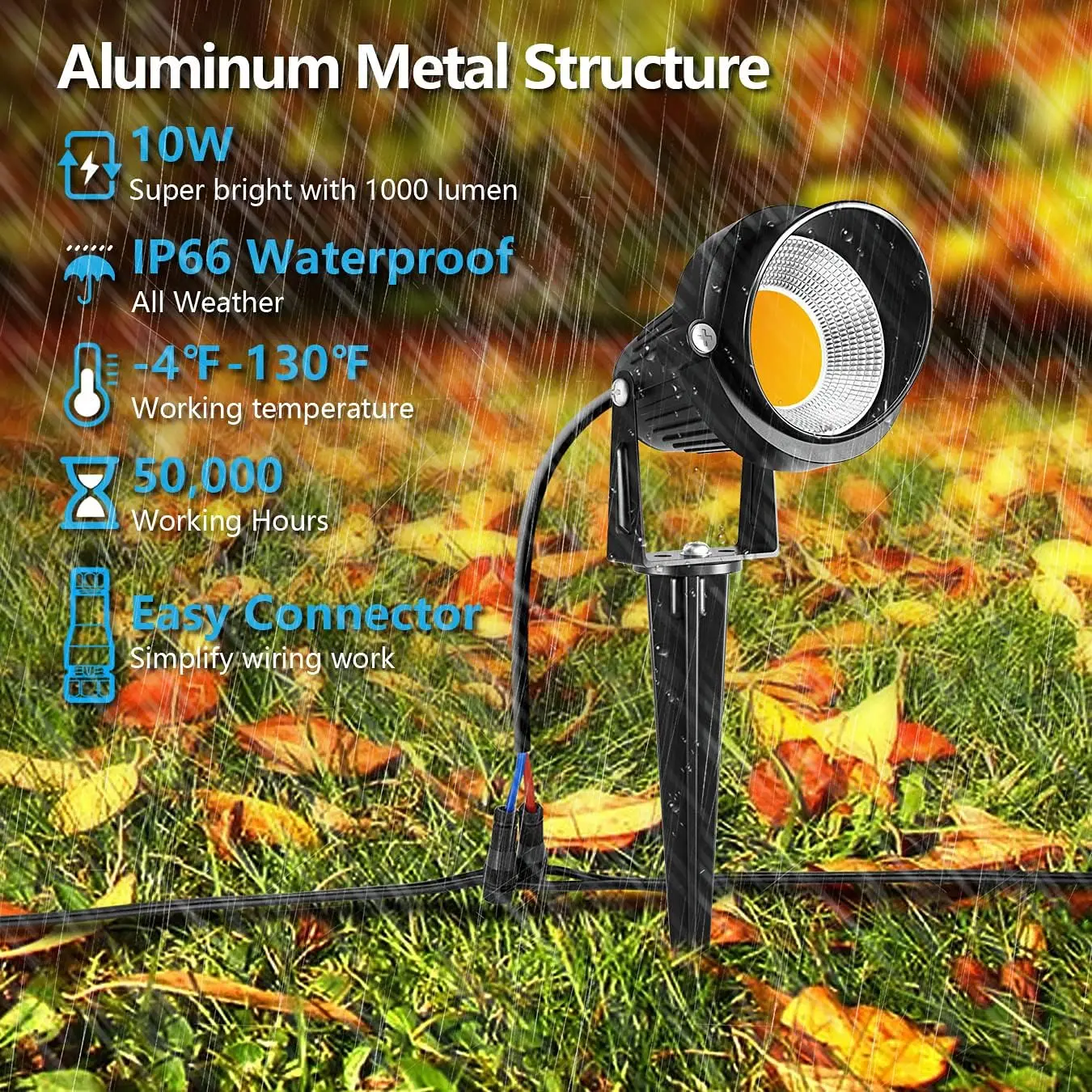 ไฟ LED สำหรับจัดสวน 10W, สปอตไลท์กลางแจ้ง 12V พร้อมขั้วต่อ, แสงสีขาวอบอุ่นกันน้ำ (14 แพ็ค)