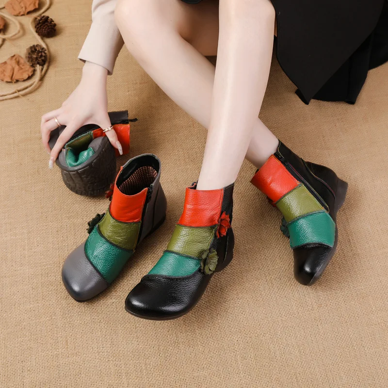 WOIZGIC Mother Women\'s Genuine Leather Boots Female Ankle Shoes Zipper Ethnic Style Autumn Plush Fur Warm Flower