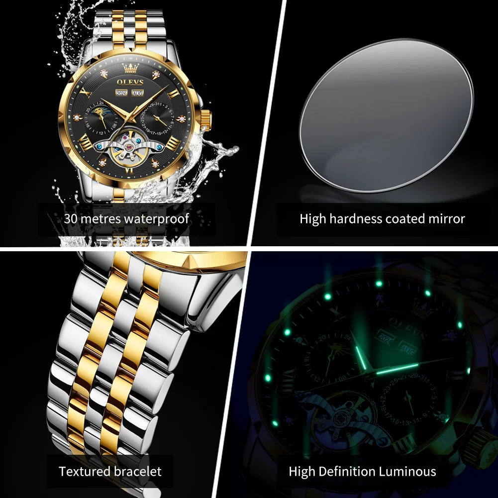 OLEVS 6691 Orologio da uomo Originale Luxury Business Volano Orologio meccanico automatico Acciaio inossidabile Data Anno Mese Manes Regali