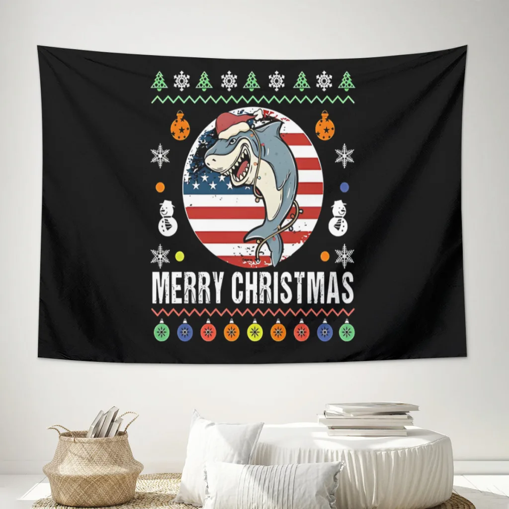 

Santa Shark Grunge American Flag Christmas Ugly Sweater US Flag Christmas Tapestry Cartoon Wall Hanging for Bedroom Tapestries