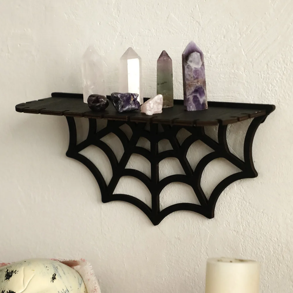 Gothic Spider Web Wall Shelf, Black Wooden Floating Rack for Bedroom Halloween Dark Aesthetic Home Decor Organizer