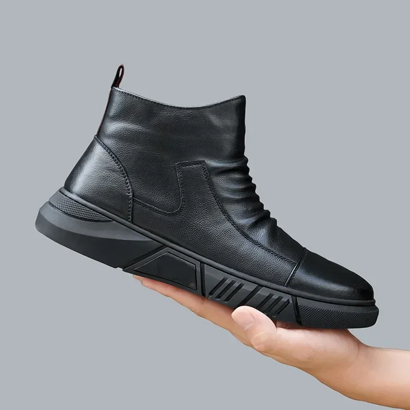 Men Leather Boot Snow Boot Warm Versatile Cotton Shoe High Top Casual Leather Shoe British Style Men Boot Trend 2024