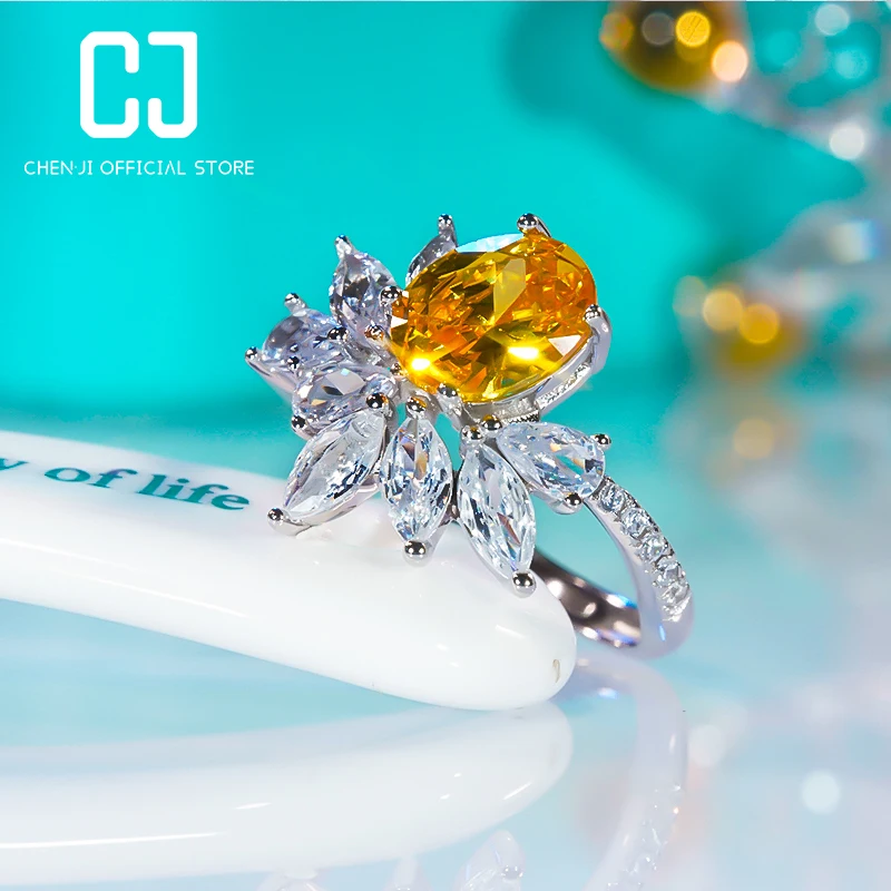 

925 Sterling Silver Luxury Topaz Retro Yellow High Carbon Diamond Ring Flower Color Ring Gift For Women Wedding Jewelry 2023