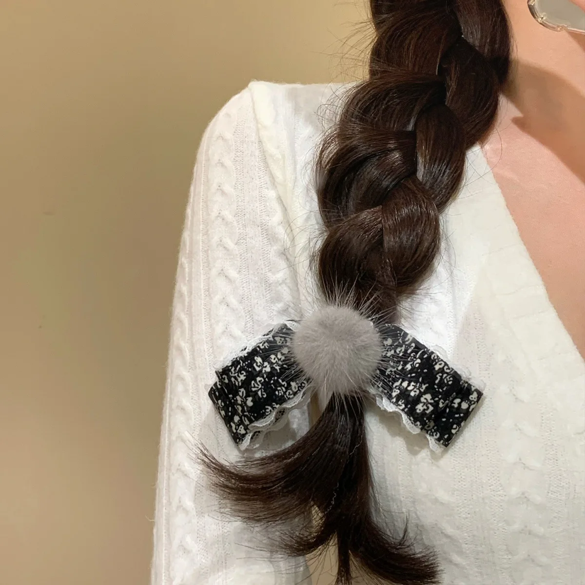 Floral Lace Bow Hair Clips Women Pom Pom Decor Hair Barrettes Sweet Ruffle Edge Hair Pins Winter Daily Hair Accessories