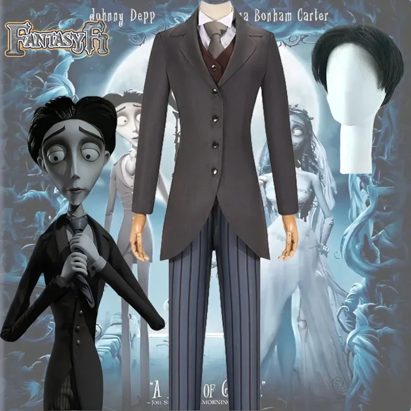 

Anime Tim Burton Corpse Bride Costume Victor Van Dort Cosplay Men Ghost Uniform Suit Coat Shirt Vest Pants Tie Halloween Suit