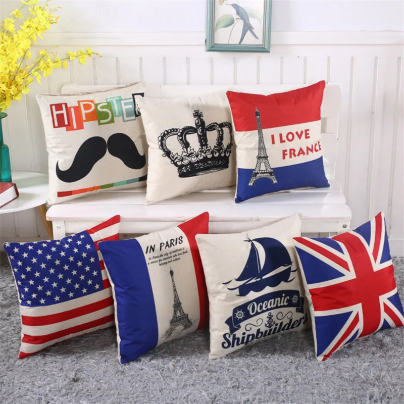 

45x45cm Classic Flag Printed Cotton Linen Home Living Room Sofa Cushion Cover Decorative Pillow Case