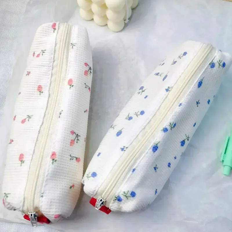 Cute Small Flowers Pencil Cases Floral Cotton Linen Pencil Bag Simple Pen Bag Storage Bags School Supplies Kawaii Stationery 1Pc