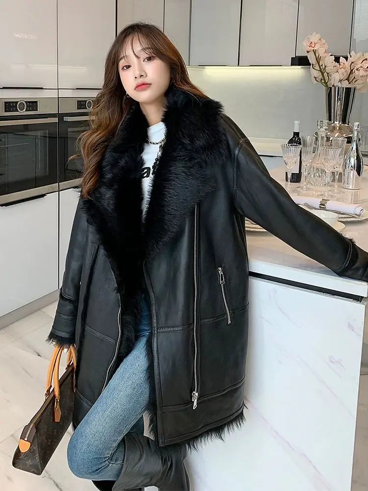 fur integrated coat imported from Spain, women's lamb fur grass young coat, medium length coat