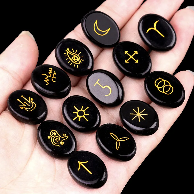 13Pcs Witch Rune Oval Stone set Natural Healing Crystal Agate Semi-Precious Gems for Divination Meditation Balancing Spiritual