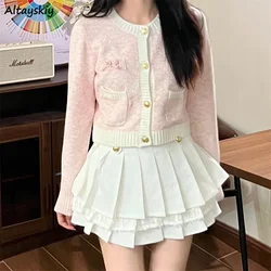 Sweet Knitted Cardigan Women Autumn Crop Outwear Pockets Single Breasted All-match Aesthetic Fashion Cozy Tender Gentle Elegant