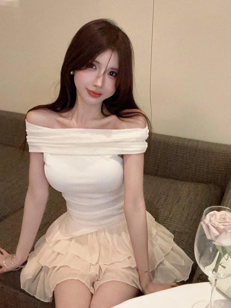 

Pure Desire Style Shoulder Bared Slim Fit Asymmetrical Top High Waist Slimming Puffy Half Skirt Set Cake Skirt Ensemble