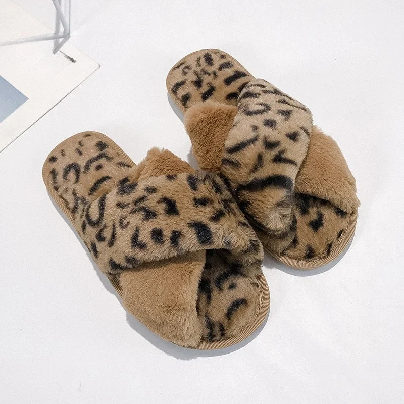 New Women Slippers Winter Shoes Flat Sweet Woman Indoor Faux Fur Warm Soft Slip On Home Leopard Print Pink Furry Ladies Slipper - view 2