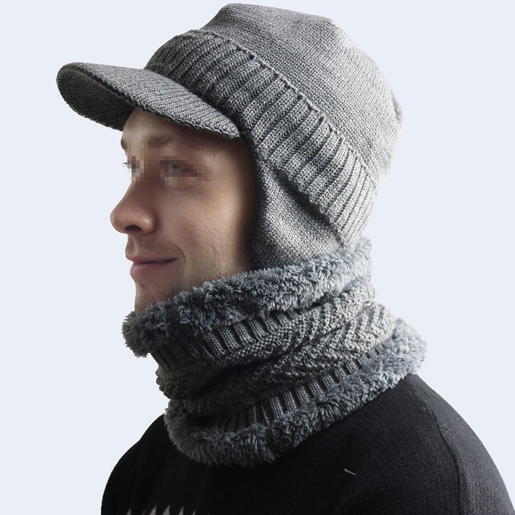 

Men Winter Knit Hat and Bib Set Keep Warm Head Hat Neck Warmer Grey Windproof Soft Neck Wrap for Outdoor Activities