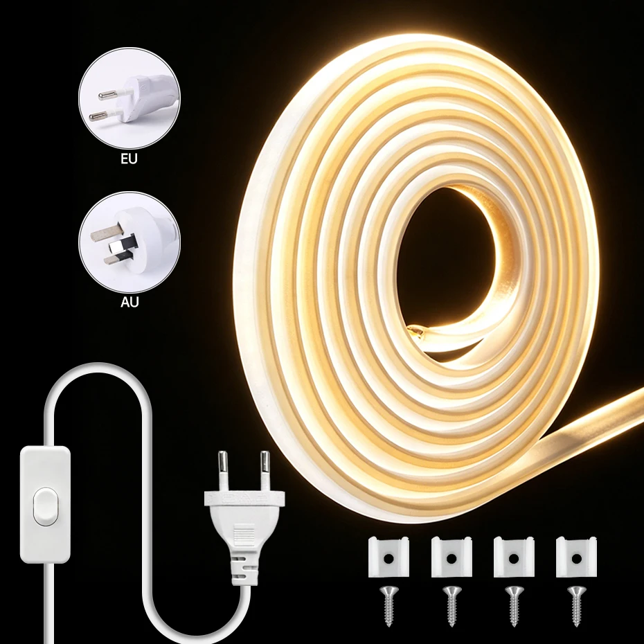 220V COB LED Strip Lights EU AU sWITCH Power Plug 288LEDs/m 1m 10m 15m 30m Cob Led Neon Light Waterproof Led Lighting