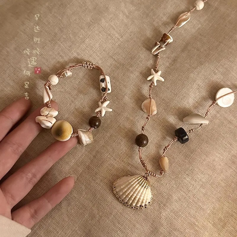 Necklace Handmade Faux Natural Stone Shell Women Spring Summer Beach Vacation Boho Bohemian Clavicle Chain Accessory