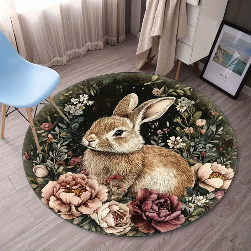 

Cute Rabbit Floral Garden Round Rug Crystal Velvet Floor Mat Nature Animal Print Home Decor Living Room Bedroom Carpet