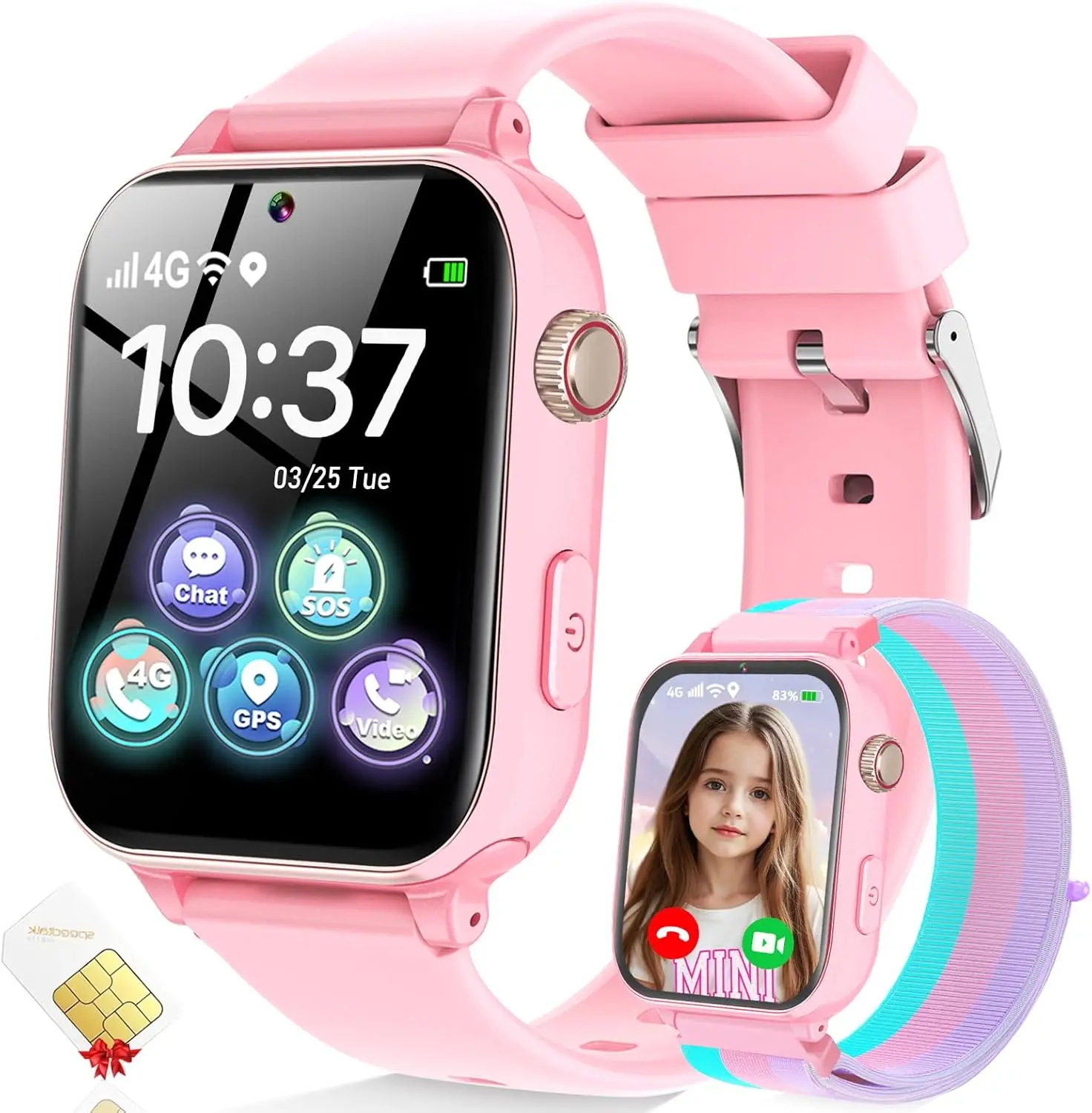 

4G Kids Smart Watch for Boys Girls Ages 4-12 with Call, GPS, SOS, Video, Games, Camera - Pink Gift