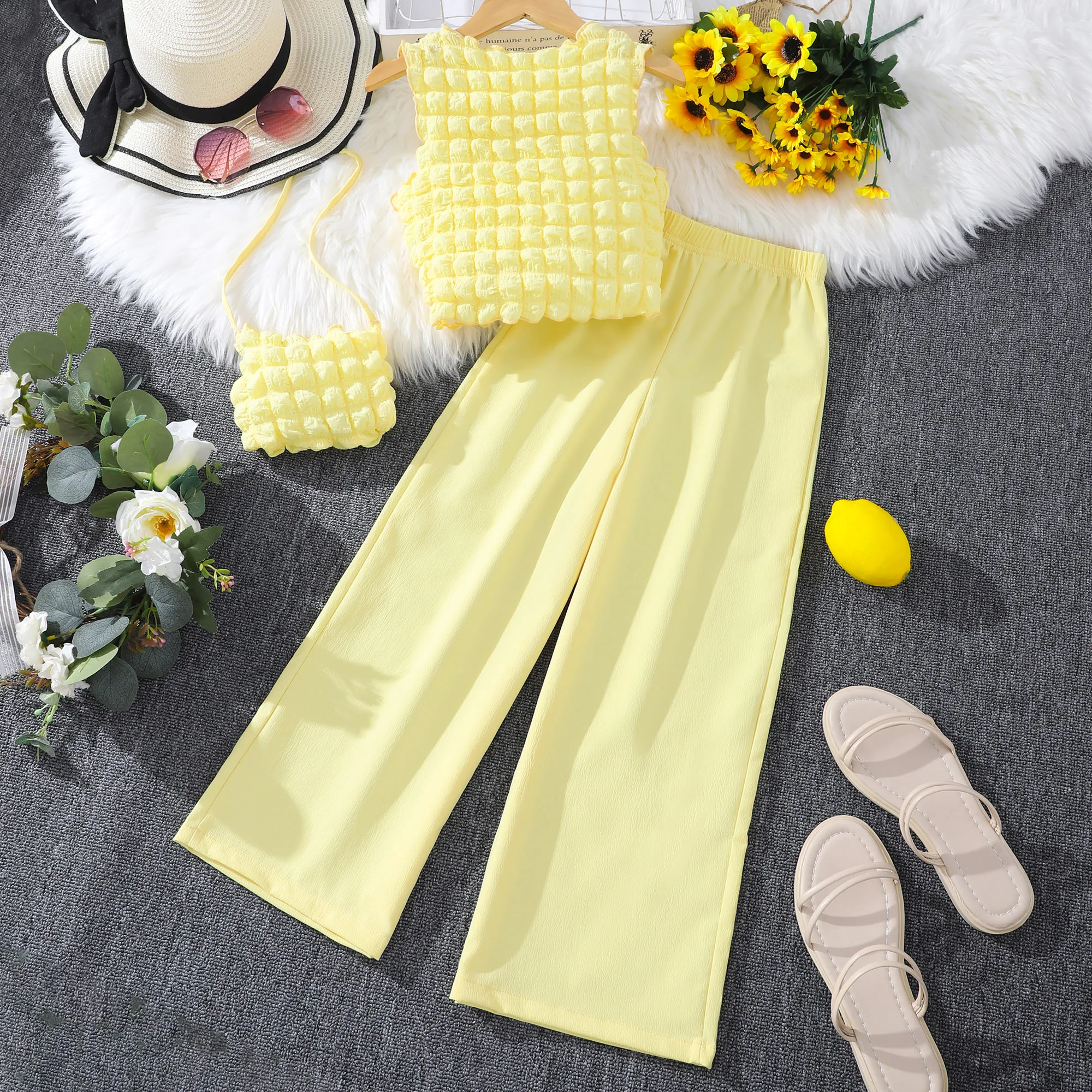 Girls Clothes Summer Clothes Beautiful Fashion Round Neck Sleeveless Solid Pants with Bag Set Clothing for Girls