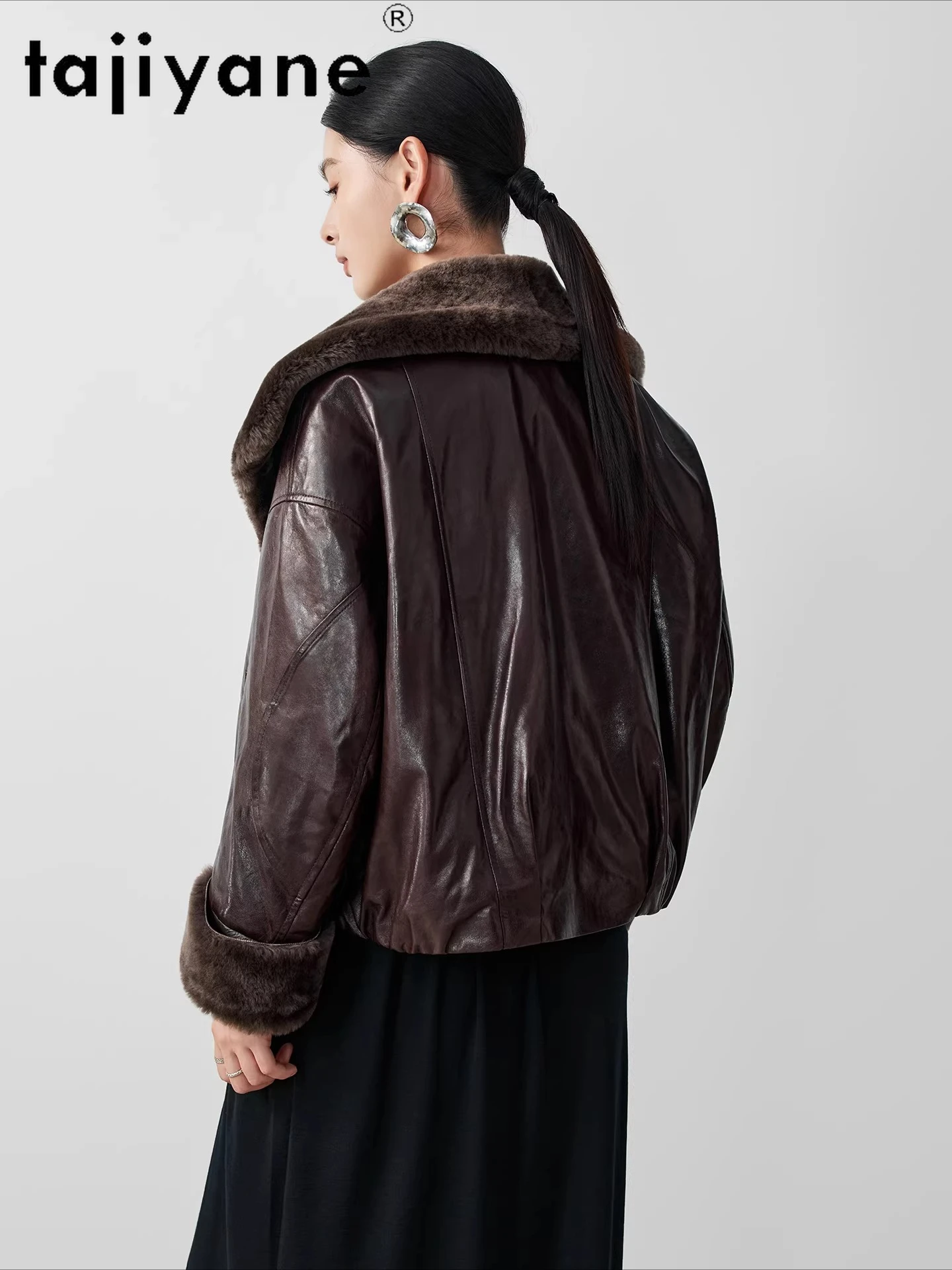 TAJIYANE 天然羊皮グースダウンコート レディース ショート丈 本革 パファージャケット ウールカラー付き 2025年冬服 дубленка
