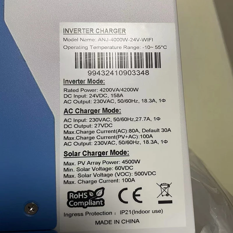 Inversor solar híbrido 4kw 24v 230v mppt fotovoltaico on/off grid inversor 100a controlador de carga solar pv 500v para painéis solares