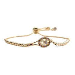 Gold-Plated Multicolor Cubic Zirconia Crystal Tennis Racket Charm Bracelet Women 2024 New Fashion CZ Stones Racquet Jewelry Gift