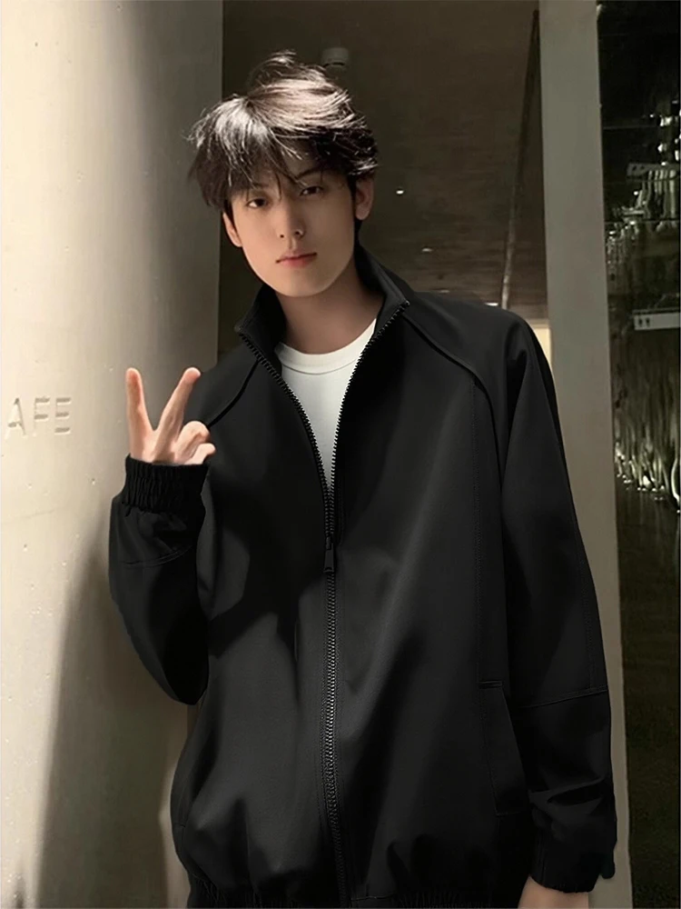 Black American Deconstructed Shoulder Men's Jacket Spring Autumn Shape Short Baseball Shirt Cool Stand Collar Flight Jacket