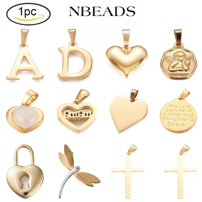 NBEADS 1PC 304 Stainless Steel Pendants Large Hole Pendants Puffed Heart Golden 15x20x4mm Hole: 8mm Jewelry Making DIY