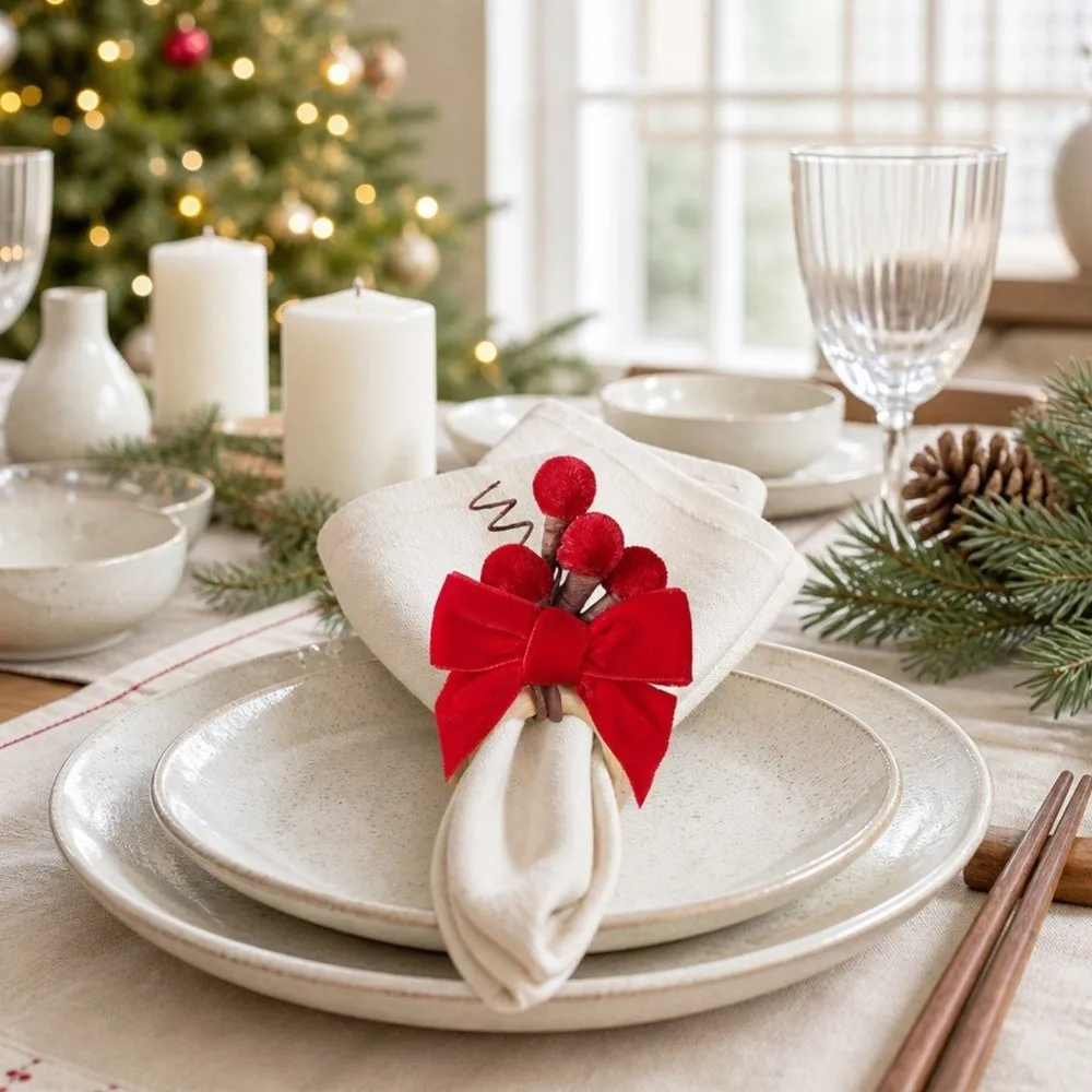 6PCS Fabric Craft Christmas Napkin Rings Realistic Pine Needle Red Bow Napkin Rings Delicate Simulation Festive Napkin Buckle