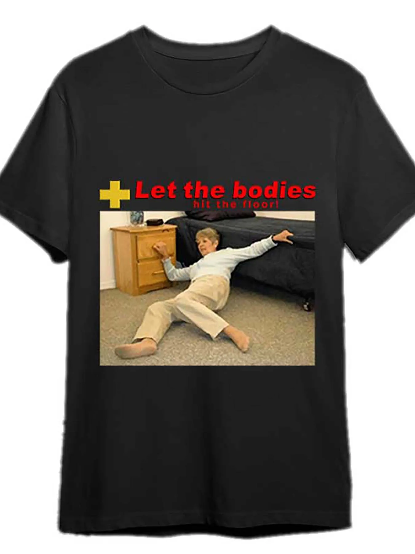 

Men’s Funny "Let The Bodies Hit The Floor" Graphic T-Shirt - Black Cotton Short Sleeve Meme Tee with Unique Life Alert Design